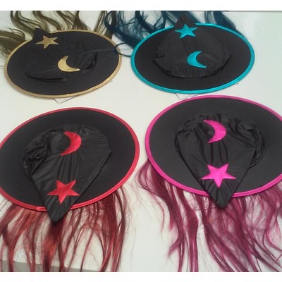 Assorted Colour Child Witch Hat with Hair Pk 1 (1 HAT ONLY)