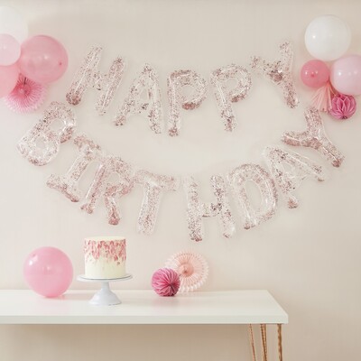 Ginger Ray Clear Foil Happy Birthday Balloon Banner with Rose Gold Confetti (Pk 1)
