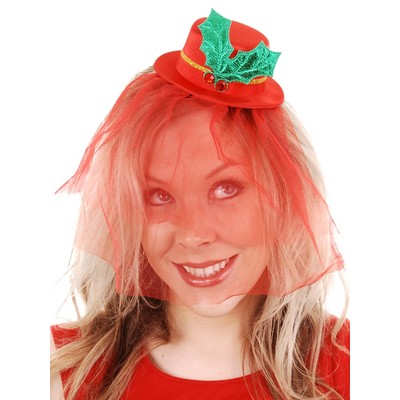 Mini Red Christmas Hat with Mistletoe & Red Veil Pk1