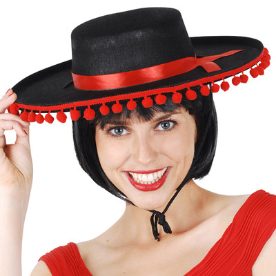 Black Spanish Hat with Red Pom Pom Trim Pk 1