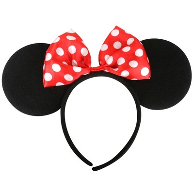 Large Black Girl Mouse Ears on Headband with Red Bow Pk 1