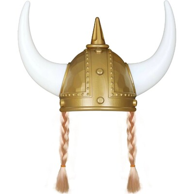 Plastic Long Horned Viking Helmet with Plaits 