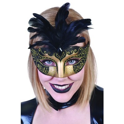 Gold & Black Masquerade Mask With Feathers - Gabriella Pk 1