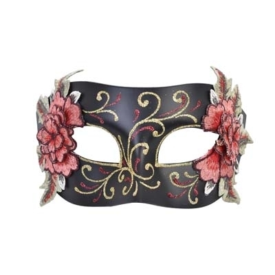 Aria Black Masquerade Eye Mask with Pink/Red Embroidered Flowers
