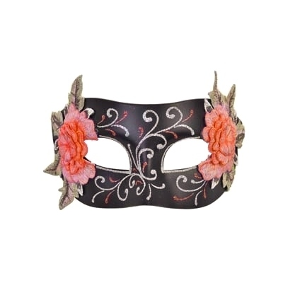 Aria Black Masquerade Eye Mask with Red/Orange Embroidered Flowers