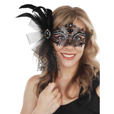 Provence Black Metal Eye Mask with Feathers on Stick Pk 1