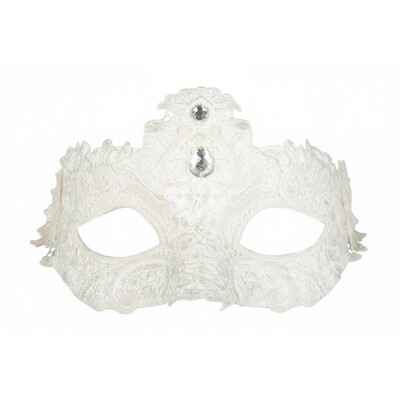 White Lace Crystal Eye Mask - Glitter & Faux Gem Masquerade Costume Mask