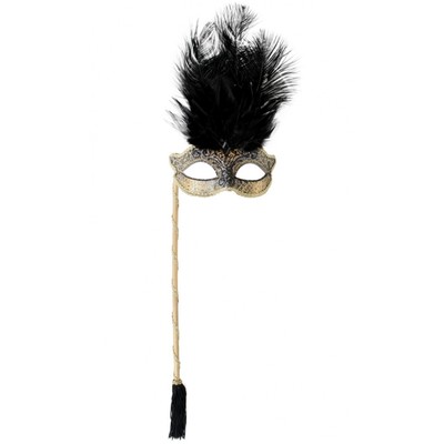 Black & Gold Josephine Eye Mask with Feathers on Stick Pk 1