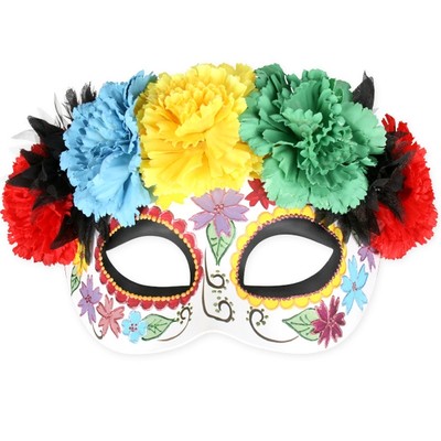 White Day of the Dead Eye Mask with Bright Flowers Pk 1