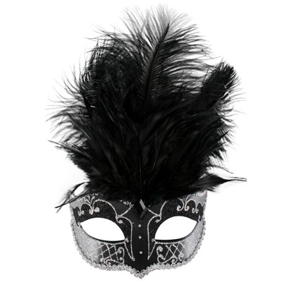 Black & Silver Masquerade Mask With Feathers - Carmela Pk 1