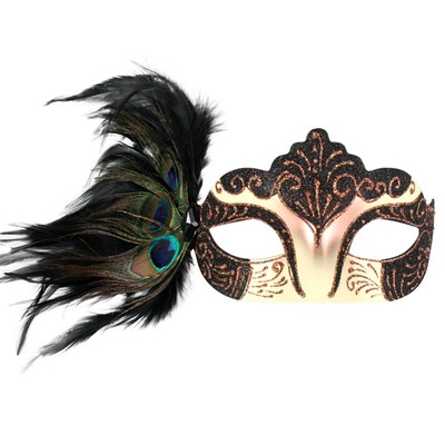Burlesque Black Eye Mask with Peacock Feathers Pk 1