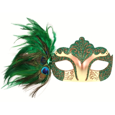Green Burlesque Eye Mask with Peacock Feathers