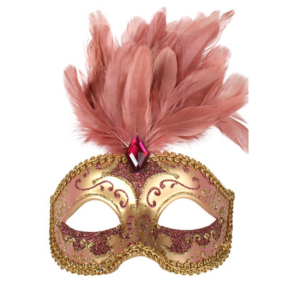 Pink & Gold Masquerade Mask With Feathers - Isabella Pk 1 