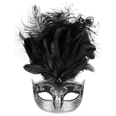 Black & Silver Masquerade Mask With Feathers - Sienna Pk1
