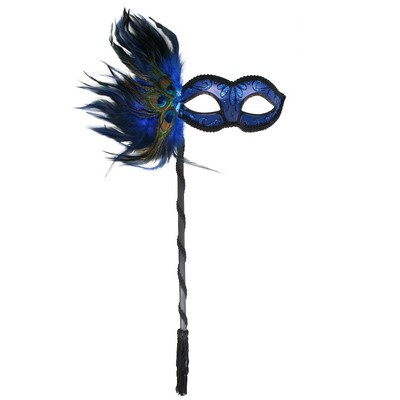Dark Blue Simona Eye Mask on Stick with Peacock Feathers