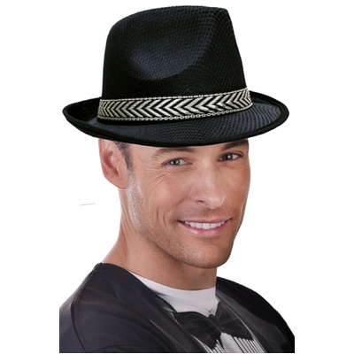 Black Trilby Hat with Woven Gold Trim