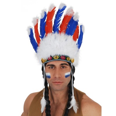 Red & Blue Feather Indian Headdress with White Tips Pk 1