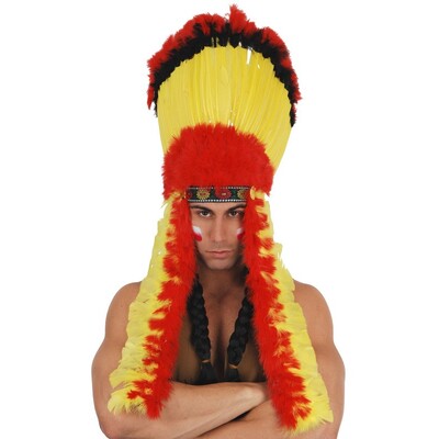 Deluxe Yellow Red Black Indian Feather Headdress