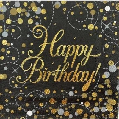 Black & Gold Sparkling Fizz Birthday 3 Ply Lunch Napkins (Pk 16)