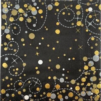 Black & Gold Sparkling Fizz 3 Ply Lunch Napkins (Pk 16)