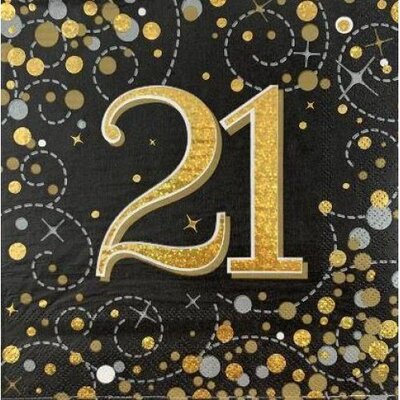 Black & Gold Sparkling Fizz 21 Lunch Napkins 3 Ply (Pk 16)