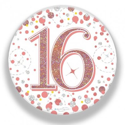 Rose Gold Fizz 16 Birthday Badge (75mm) Pk 1