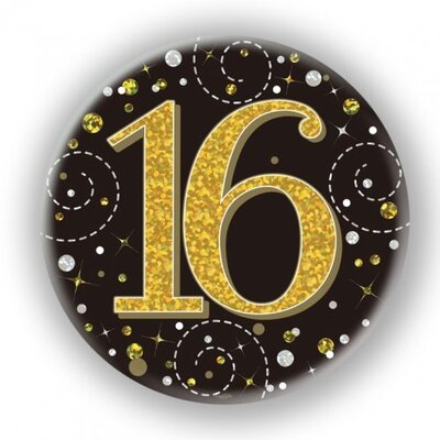 Black & Gold Fizz 16 Birthday Badge (75mm) Pk 1