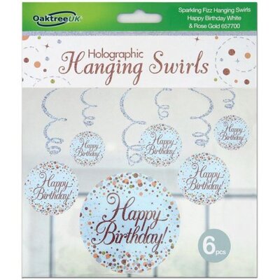Rose Gold Fizz Happy Birthday Hanging Swirl Decoration (Pk 6)