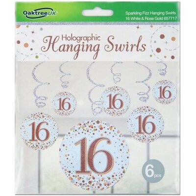 Rose Gold Fizz 16 Birthday Hanging Swirl Decoration (Pk 6)