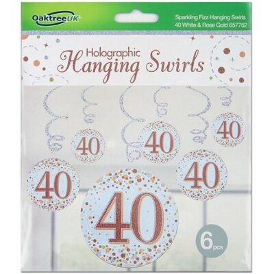 Rose Gold Fizz 40 Birthday Hanging Swirl Decoration (Pk 6)