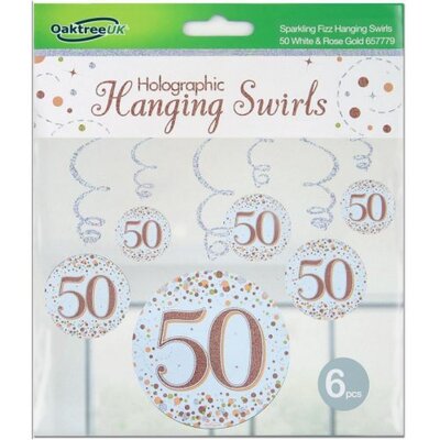 Rose Gold Fizz 50 Birthday Hanging Swirl Decoration (Pk 6)