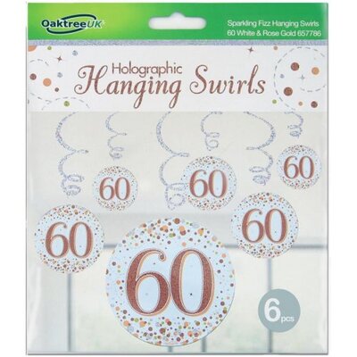 Rose Gold Fizz 60 Birthday Hanging Swirl Decoration (Pk 6)