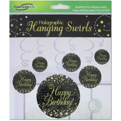 Black & Gold Fizz Happy Birthday Hanging Swirl Decoration (Pk 6)