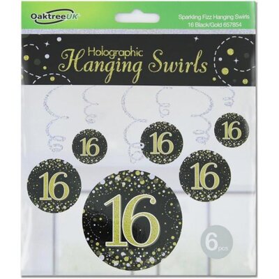 Black & Gold Fizz 16 Birthday Hanging Swirl Decoration (Pk 6)