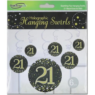 Black & Gold Fizz 21 Birthday Hanging Swirl Decoration (Pk 6)