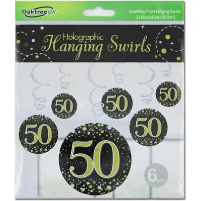 Black & Gold Fizz 50 Birthday Hanging Swirl Decoration (Pk 6)