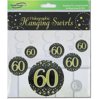 Black & Gold Fizz 60 Birthday Hanging Swirl Decoration (Pk 6)