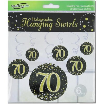 Black & Gold Fizz 70 Birthday Hanging Swirl Decoration (Pk 6)