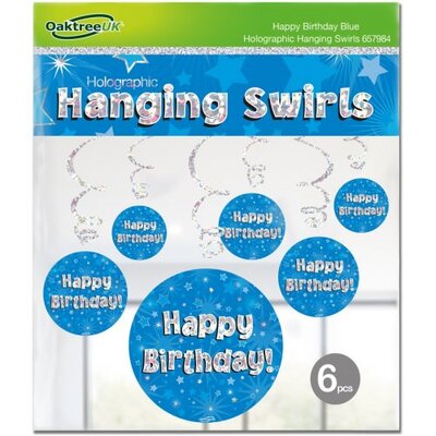 Blue & Silver Happy Birthday Hanging Swirl Decoration (Pk 6)