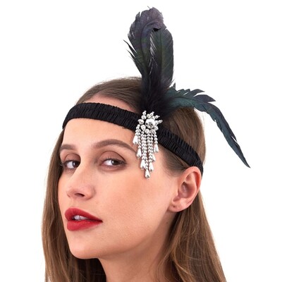 1920s Black Jewelled Feather Flapper Headband