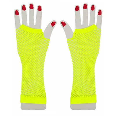 Neon Yellow Fishnet Gloves Long Fingerless 1 Pair 1980s Costume Festival Accessories