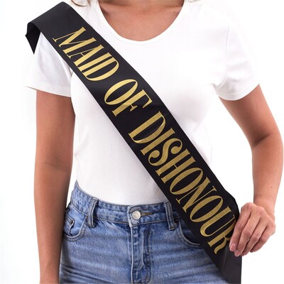 Maid of Dishonour Black Party Sash with Gold Print | Hen Party Bridal Sash