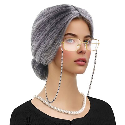 Old Lady Grandma Costume Accessory Set | Wig, Glasses, Chain & Pearl Necklace