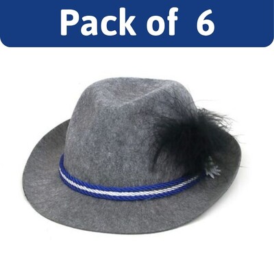 Oktoberfest German Grey Trenker Hat Pack of 6 │ Bavarian Felt Hat with Feather Adult Costume Accessory