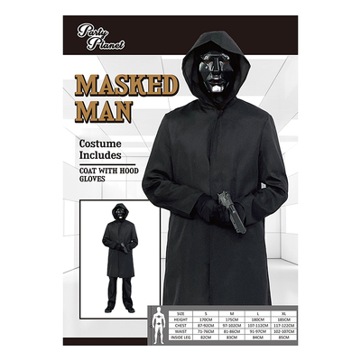 Adult Front Masked Man Black Coat Costume (X Lge)