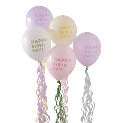 Ginger Ray Pastel Latex Happy Birthday Balloons 30cm with Tails (Pk 5)