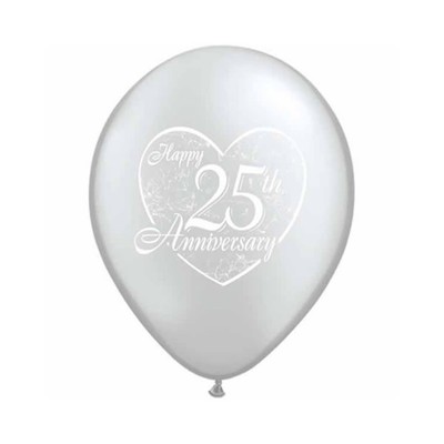 Silver Happy 25th Anniversary Metallic Latex Balloons Pk 10