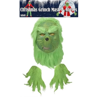 The Christmas Grinch Green Hair Full Head Mask & Glove Set 