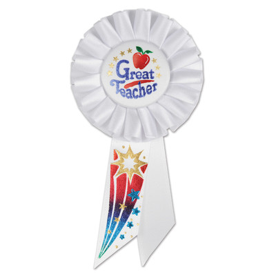 Great Teacher White Rosette Badge / Award Ribbon Pk 1