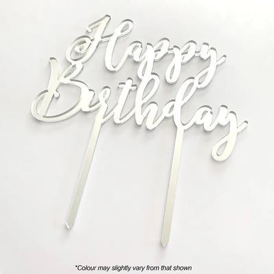 Silver Acrylic Happy Birthday Cake Topper
